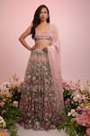 Buy_Label Priyanka Kar_Pink Net Hand Embroidery Botanical Plunge Neck Pattern Lehenga Set _at_Aza_Fashions