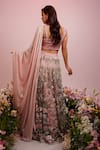 Shop_Label Priyanka Kar_Pink Net Hand Embroidery Botanical Plunge Neck Pattern Lehenga Set _at_Aza_Fashions