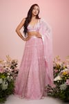 Buy_Label Priyanka Kar_Pink Net Hand Embroidery Floral Plunge Neck Sequin Lehenga Set _at_Aza_Fashions