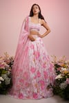 Buy_Label Priyanka Kar_Pink Viscose Hand Embroidery Floral Scoop Pearl Lehenga Set _at_Aza_Fashions