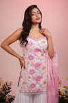 Shop_Label Priyanka Kar_Pink Viscose Hand Embroidery Flower Plunge Kurta Shaara Set _Online_at_Aza_Fashions