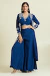 Shop_Samyukta Singhania_Blue Dola Embellished Crystal Jacket Open Floral Palazzo Set _Online_at_Aza_Fashions