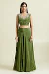 Samyukta Singhania_Green Tissue Embellished Bead Dabka Thread Embroidered Asymmetric Lehenga Set _Online_at_Aza_Fashions