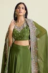 Shop_Samyukta Singhania_Green Tissue Embellished Bead Dabka Thread Embroidered Asymmetric Lehenga Set _Online_at_Aza_Fashions