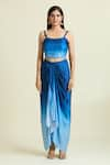 Samyukta Singhania_Blue Modal Satin Embellished Bead Cape Round Scalloped Ombre Draped Skirt Set _Online_at_Aza_Fashions