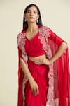 Buy_Samyukta Singhania_Red Organza Embroidered Thread Cape Round Border Draped Skirt _Online_at_Aza_Fashions