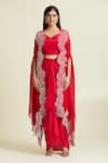 Shop_Samyukta Singhania_Red Organza Embroidered Thread Cape Round Border Draped Skirt _Online_at_Aza_Fashions