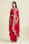 Buy_Samyukta Singhania_Red Organza Embroidered Thread Cape Round Border Draped Skirt 