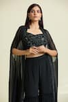 Buy_Samyukta Singhania_Black Crepe Embellished Bead Cape Mandarin Collar Crystal Border Sharara Set 