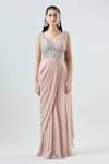 Samyukta Singhania_Pink Net Embellished Sequin V-neck Floral Bead Bodice Pre-stitched Saree Gown _Online_at_Aza_Fashions