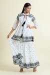 Samyukta Singhania_White Cotton Mulmul Embroidered Mirror Work Tiered Dress With Peplum Jacket _Online_at_Aza_Fashions