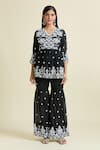 Naintara Bajaj_Black Cotton Embroidery, Mirrors V-neck Work Peplum Kurta Sharara Set _Online_at_Aza_Fashions