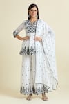 Buy_Samyukta Singhania_White Cotton Mulmul Embroidered Mirror Work V-neck Peplum Kurta Sharara Set _at_Aza_Fashions