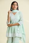 Samyukta Singhania_Green Cotton Mulmul Embroidered Mirror Work V-neck Peplum Kurta Sharara Set _at_Aza_Fashions