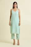 Buy_Samyukta Singhania_Green Kurta And Dupatta Cotton Mulmul Embellished Gota Patti V-neck & Pant Set 