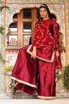 Buy_Bannhi_Maroon Kurta And Sharara Taffeta Silk Embroidered Aari Round Solid Set _Online_at_Aza_Fashions