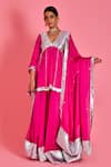 Buy_Bannhi_Magenta Satin Silk Embroidered Gota V Neck Kurta Sharara Set _at_Aza_Fashions