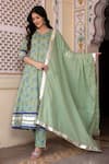 Bannhi_Green Cotton Printed Floral V Neck Anarkali Pant Set _Online_at_Aza_Fashions