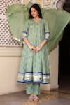 Buy_Bannhi_Green Cotton Printed Floral V Neck Anarkali Pant Set _Online_at_Aza_Fashions