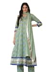 Shop_Bannhi_Green Cotton Printed Floral V Neck Anarkali Pant Set _Online_at_Aza_Fashions