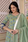 Bannhi_Green Cotton Printed Floral V Neck Anarkali Pant Set _at_Aza_Fashions