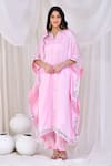 Buy_Bannhi_Pink Satin Silk Embroidered Floral Notched Border Kaftan And Pant Set _at_Aza_Fashions