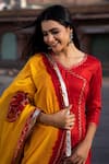 Shop_Bannhi_Red Kurta And Pant Cotton Silk Embroidered Gota V Neck Border Angrakha Set _Online_at_Aza_Fashions