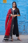 Buy_Bannhi_Black Kurta And Pant Cotton Silk Printed Bandhani V Neck Solid Angrakha Set _at_Aza_Fashions