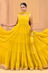 Bannhi_Yellow Georgette Placement Embellished Sleeveless Tiered Anarkali With Dupatta _Online_at_Aza_Fashions