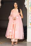 Bannhi_Peach Taffeta Silk Hand Painted Dupatta Floral Round Anarkali And Pant Set With _Online_at_Aza_Fashions