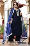 Buy_Bannhi_Blue Velvet Placement Embellished Gota Notched Round Kurta And Pant Set _at_Aza_Fashions