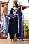 Bannhi_Blue Velvet Placement Embellished Gota Notched Round Kurta And Pant Set _Online_at_Aza_Fashions