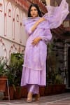 Shop_Bannhi_Purple Cotton Silk Embroidered Dupatta Floral V Pleated Kurta And Pant Set With _at_Aza_Fashions