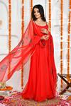 Bannhi_Red Georgette Hand Painted Dupatta Floral Scoop Neck Plain Anarkali With _Online_at_Aza_Fashions