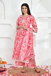 Buy_Bannhi_Pink Chanderi Print Flower Blossom V Neck Kurta Palazzo Set _at_Aza_Fashions