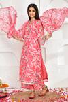 Bannhi_Pink Chanderi Print Flower Blossom V Neck Kurta Palazzo Set _Online_at_Aza_Fashions