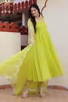 Buy_Bannhi_Green Cotton Placement Anarkali And Palazzo Set With Scallop Trimmed Dupatta 