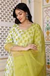 Shop_Bannhi_Green Cotton Placement Anarkali And Palazzo Set With Scallop Trimmed Dupatta 