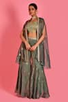 Bannhi_Green Tissue Organza Embroidery Sequin Cape Open Floral Border Sharara Set _Online_at_Aza_Fashions