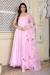 Buy_Bannhi_Pink Satin Silk Hand Painted Floral Scoop Neck Solid Anarkali With Dupatta _at_Aza_Fashions