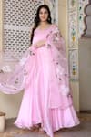 Bannhi_Pink Satin Silk Hand Painted Floral Scoop Neck Solid Anarkali With Dupatta _Online_at_Aza_Fashions