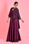 Shop_Bannhi_Wine Satin Embroidery Sequin Open Draped Saree Gown With Cape _Online_at_Aza_Fashions