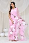 Buy_Bannhi_Pink Organza Hand Painted Flower V Neck Saree Gown _at_Aza_Fashions