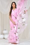 Bannhi_Pink Organza Hand Painted Flower V Neck Saree Gown _Online_at_Aza_Fashions