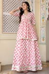 Bannhi_White Cotton Printed Floral V Neck Kurta Skirt Set _Online_at_Aza_Fashions