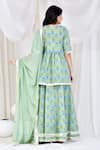 Shop_Bannhi_Green Cotton Printed Floral V Neck Hand Block Kurta Skirt Set _at_Aza_Fashions