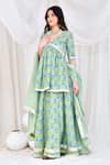 Buy_Bannhi_Green Cotton Printed Floral V Neck Hand Block Kurta Skirt Set _Online_at_Aza_Fashions