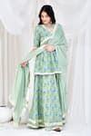 Shop_Bannhi_Green Cotton Printed Floral V Neck Hand Block Kurta Skirt Set _Online_at_Aza_Fashions