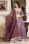 Buy_Bannhi_Grey Chanderi Printed Flower Leaf Neck Lehenga Set _at_Aza_Fashions