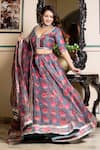 Bannhi_Grey Chanderi Printed Flower Leaf Neck Lehenga Set _Online_at_Aza_Fashions